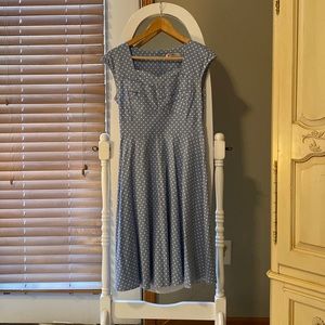 Blue and white polkadot chambray dress